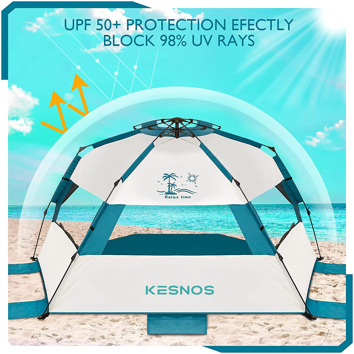 Kesnos 5-6 Person Beach Tent 110" Wide Portable Sun Shelter, UPF 50+ Sun Shelter with Extended Zippered Floor Waterproof Canopy Umbrella Family Size Silver