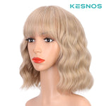 Load image into Gallery viewer, Kesnos Short Blonde Wigs With Bangs, Curly Wavy Bob Wig Pastel Cosplay Wigs Heat Synthetic Wig Daily Party Costume Use
